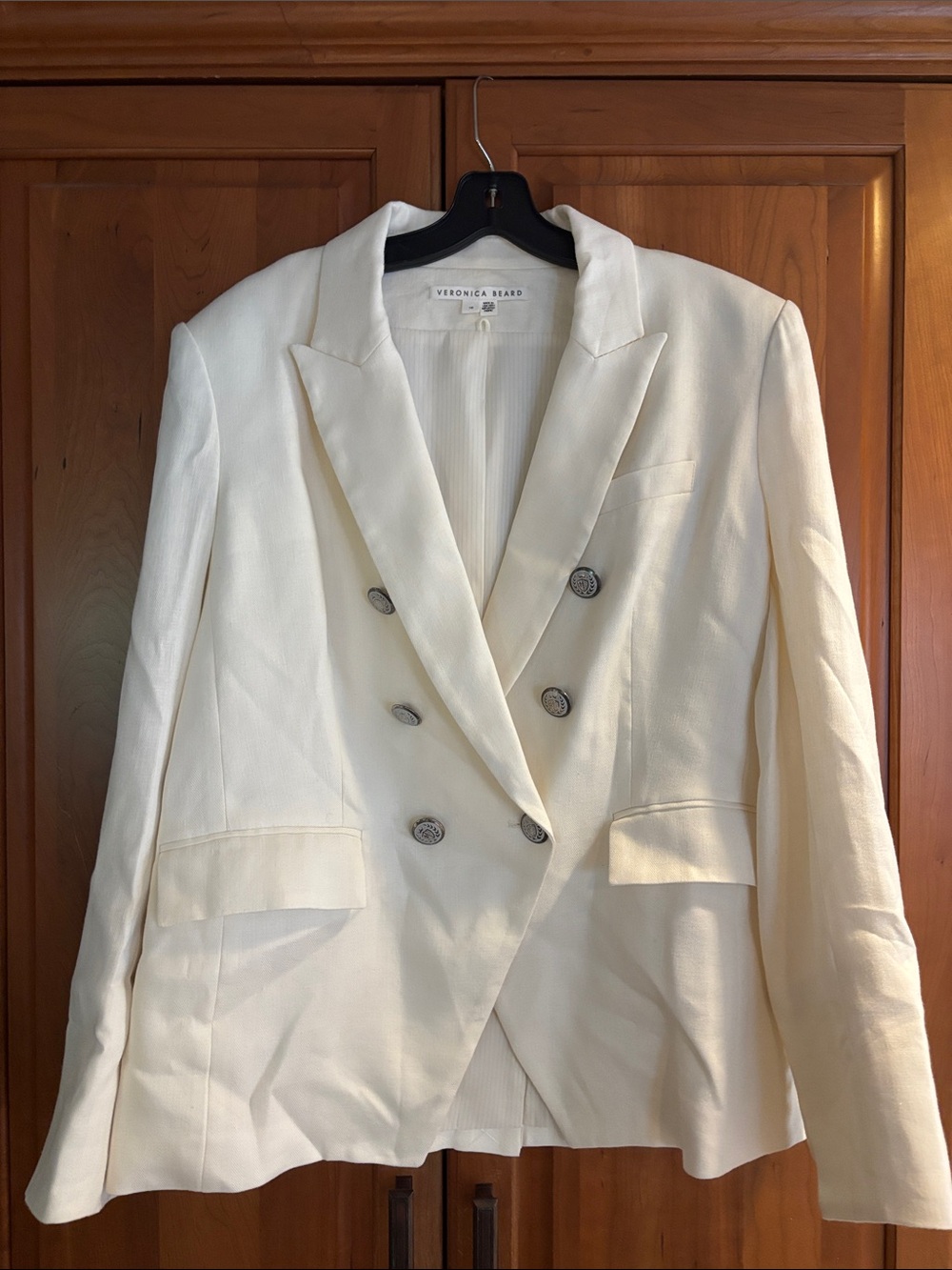 Veronica Beard white linen double breasted blazer.